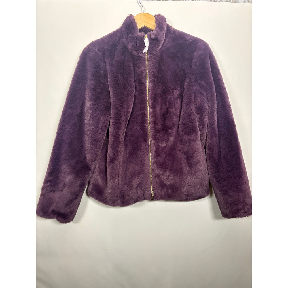 Colleen Lopez Berry/Plum/Wine Faux Fur Full Zip Bomber Jacket Stand Collar Small